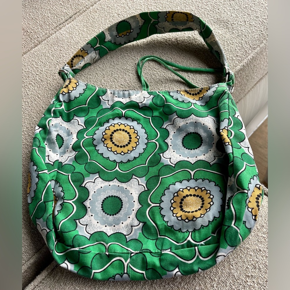 Vintage Green Yellow Blue Flower Handbag Tote Purse EUC
